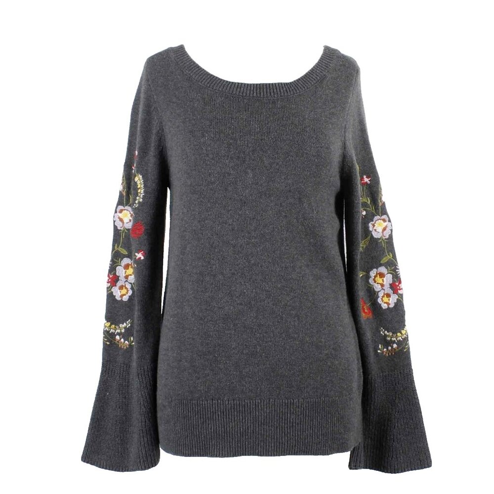 Loft Sz S Charcoal Embroidered Bell Sleeve Cotton Blend Sweater